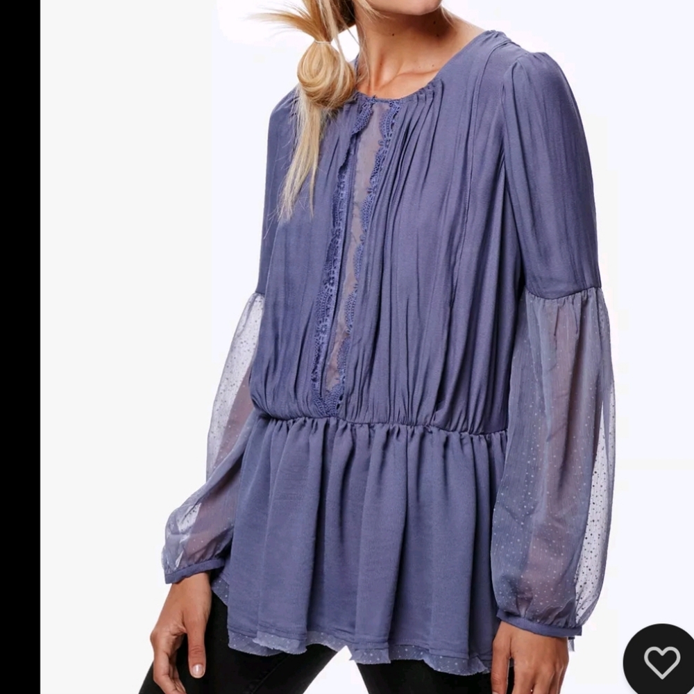 Free People Women's Blue Soul Serene Pleated Delicate Drape Peplum Top Size SP